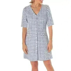 Melonie T Tweed Dress Womens Size 8 Blue White Pattern Button Front